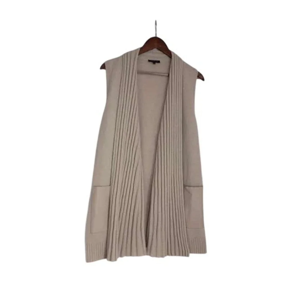 Lafayette 148 New York 100% Wool‎ Longline Vest Beige Leather Pocket Shawl L